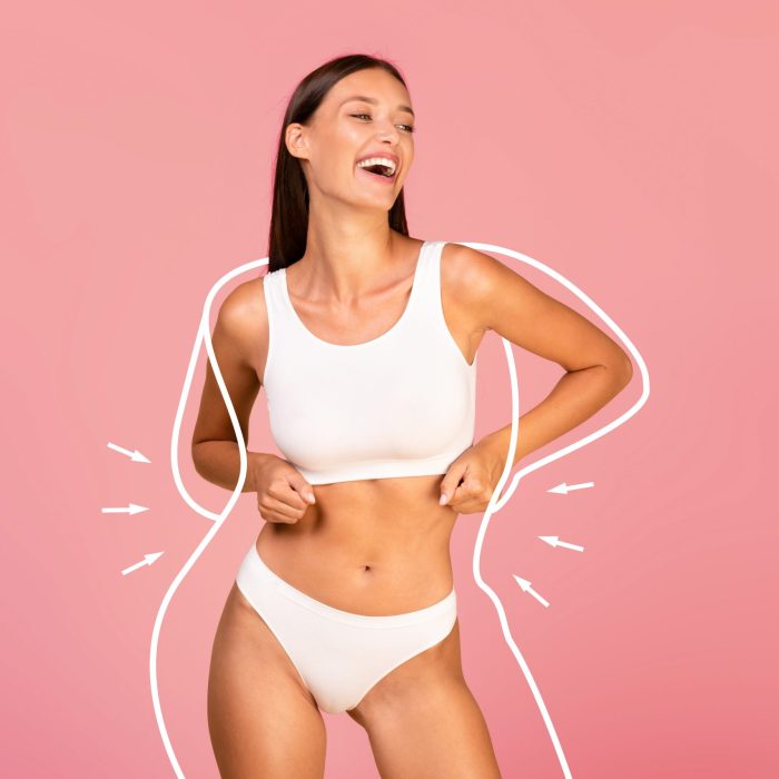 Body Care Concept. Happy Young Woman With Slim Body In Underwear Posing Over Pink Background, Joyful Millennial Female With Silhouette Outlines Around Figure Enjoying Result Of Weightloss, Collage